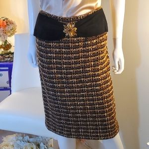 St. John Couture Gold Shimmer Lined Tweed Skirt with Suede/Tigers Eye Jewel Yoke